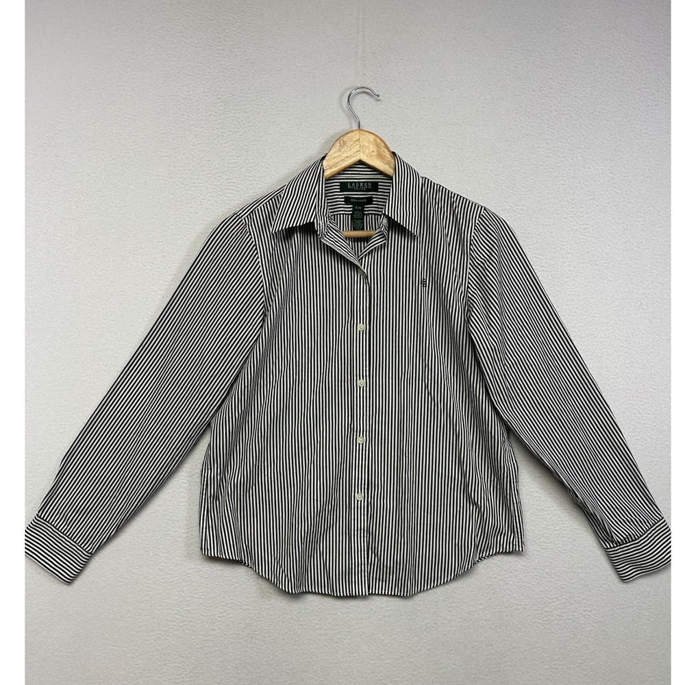 Preppy Lauren Ralph Lauren Womens Petite Medium Black Striped Button Down Shirt
